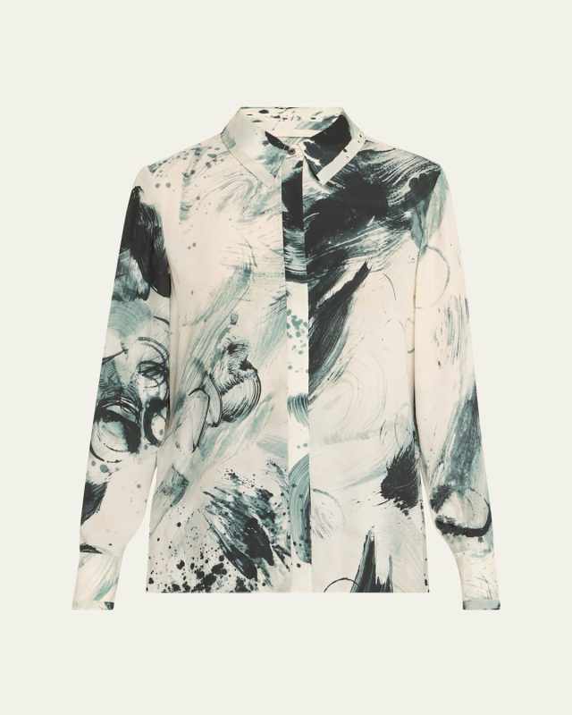 Brushstroke Print Georgette Button Down Blouse